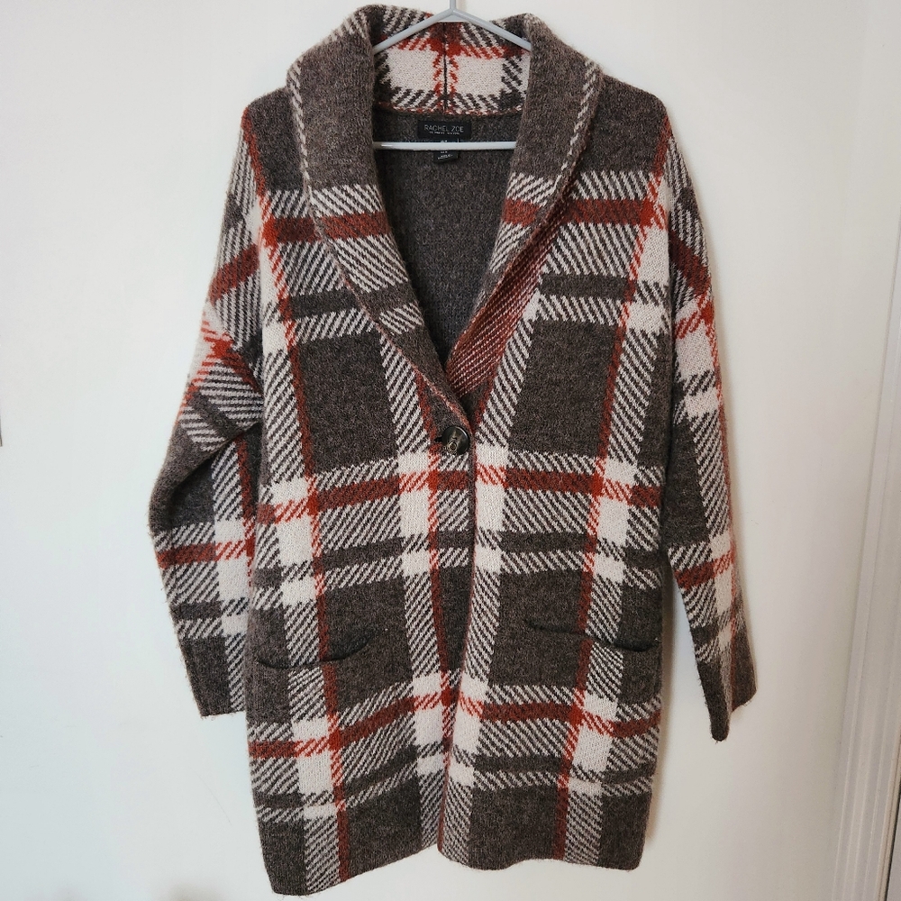 Rachel Zoe Plaid Coatigan Shawl Collar Cardigan Jacket Medium